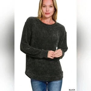 Chenille Waffle knit sweater- black